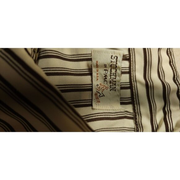 Vtg Stockman By PMC Mens Beige Brown Stripe Pearl Snap Long sleeve Western Shirt - Picture 10 of 11